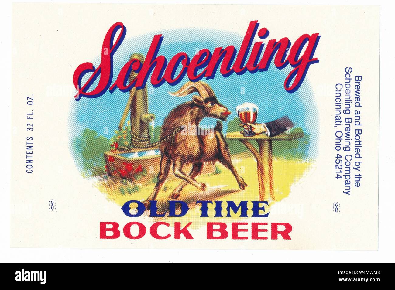 Vintage beer bottle label, with an image of a male goat reaching for a glass of beer, labeled 'Schoenling Old Time Bock Beer, ' manufactured by the Schoenling Brewing Company, Cincinnati, Ohio, 1955. () Stock Photo
