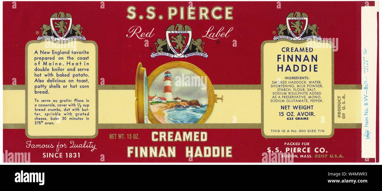 Vintage can label, with an image of an open porthole view to a lighthouse, labeled 'SS Pierce Red Label Creamed Finnan Haddie, ' manufactured by the SS Pierce Company, Boston, Massachusetts, November, 1968. () Stock Photo