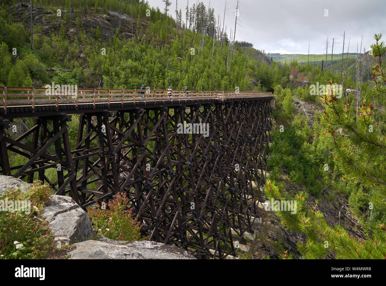 Myra Canyon Trestle Trail Kelowna. Cyclists cross one of the trestles