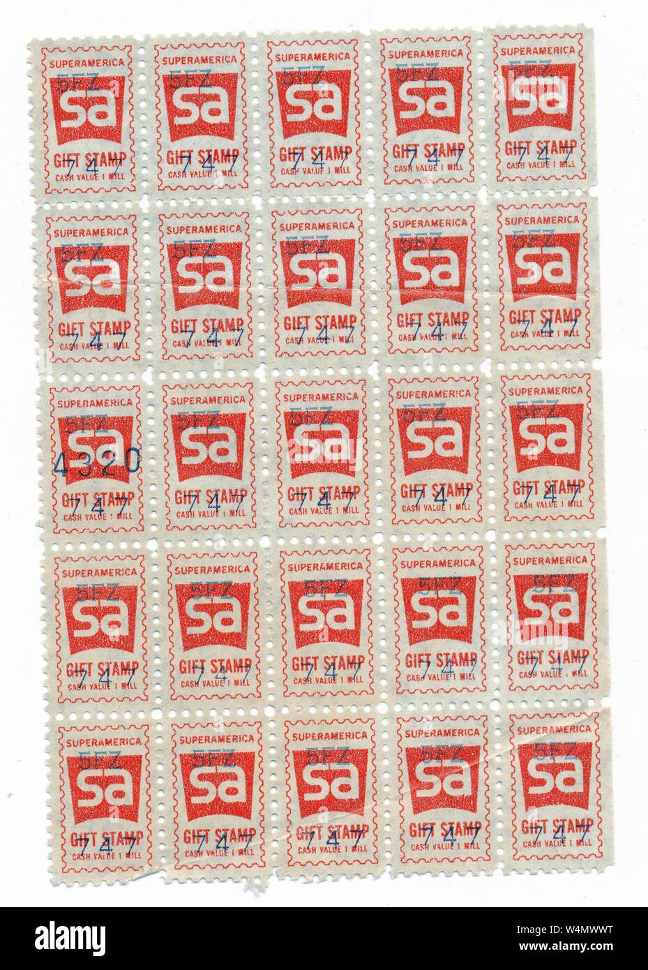 A sheet of twenty-five, trading or 'gift' stamps, issued by SuperAmerica, a gas station and convenience store company headquartered in Woodbury, Minnesota, 1965. () Stock Photo