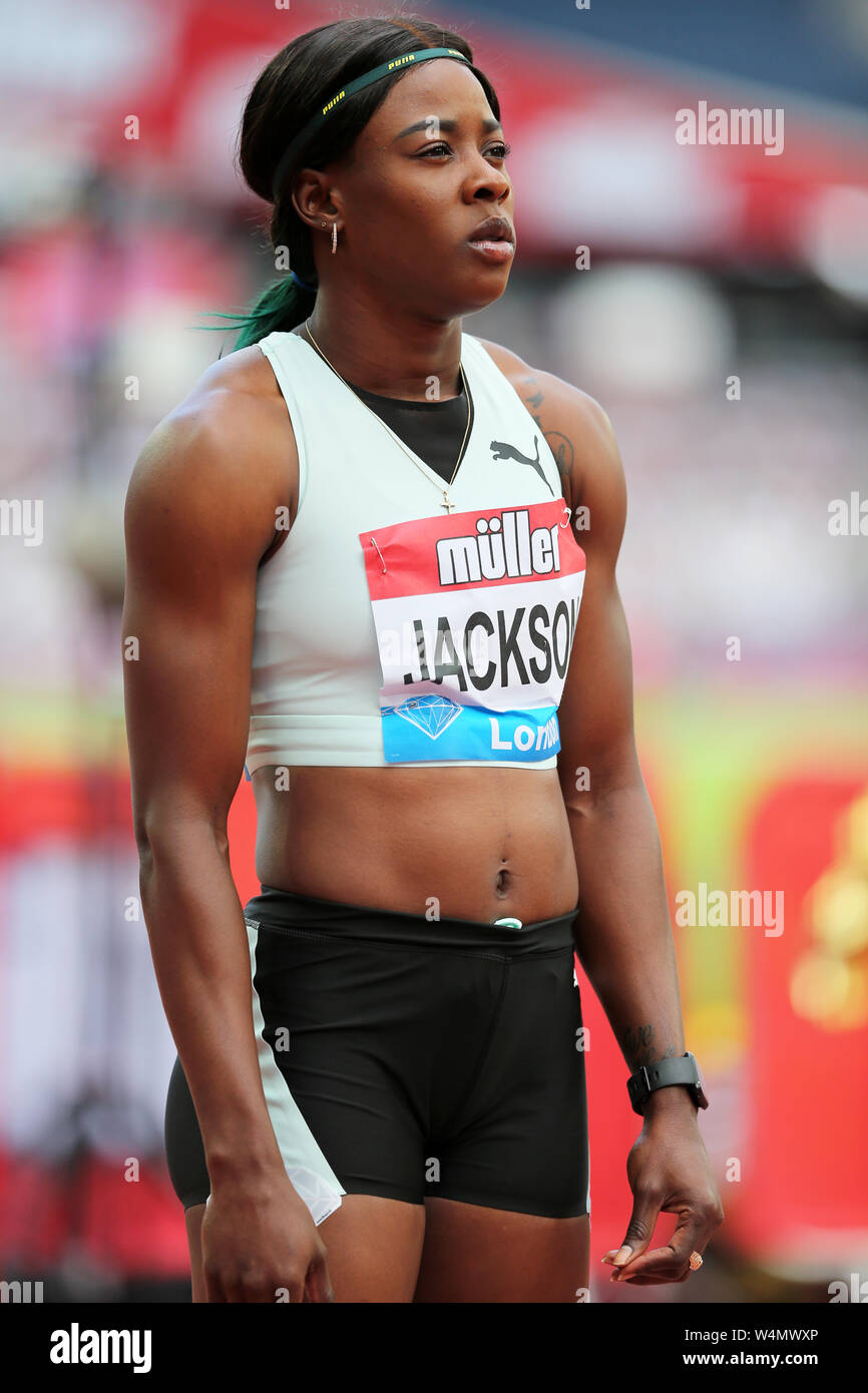 Shericka JACKSON (Jamaica) on the start line of the Women's 400m Final at the 2019, IAAF Diamond League, Anniversary Games, Queen Elizabeth Olympic Park, Stratford, London, UK. Stock Photo