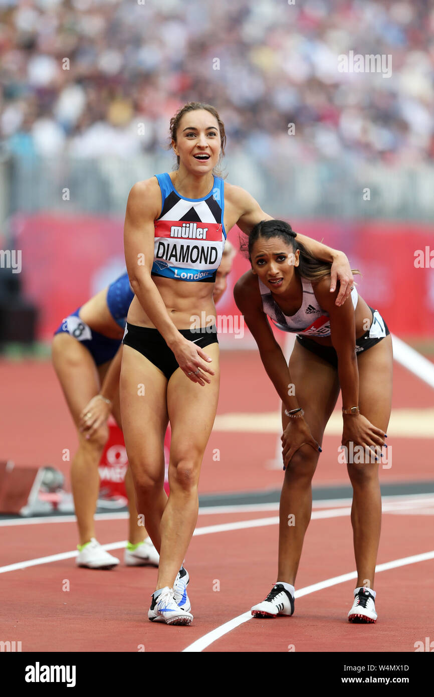 Emily DIAMOND (Great Britain) and Laviai NIELSEN (Great Britain), exhausted after competing the Women's 400m Final at the 2019, IAAF Diamond League, Anniversary Games, Queen Elizabeth Olympic Park, Stratford. Stock Photo
