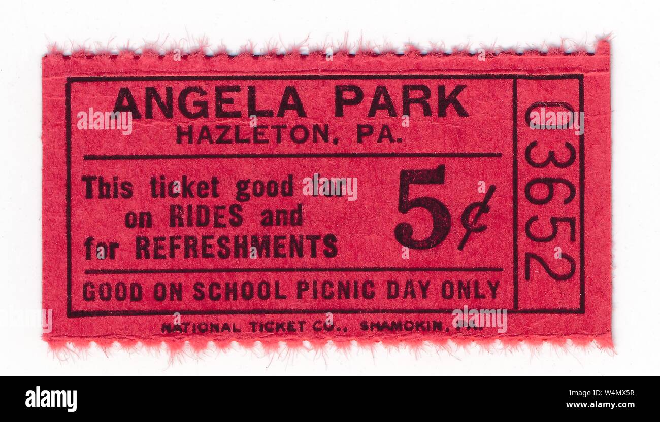 Vintage, five-cent amusement park ticket, redeemable for rides and refreshments during 'School Picnic Day, ' at Angela Park, Hazleton, Pennsylvania, 1965. () Stock Photo