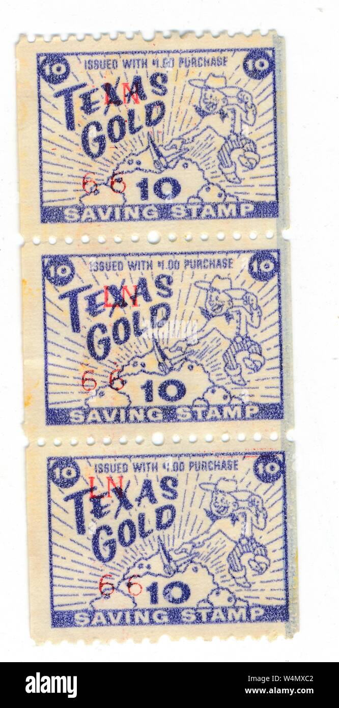 A sheet of three 'Texas Gold' saving stamps, with an image of a cowboy striking gold, issued by the H-E-B supermarket chain, headquartered in San Antonio, Texas, 1965. () Stock Photo