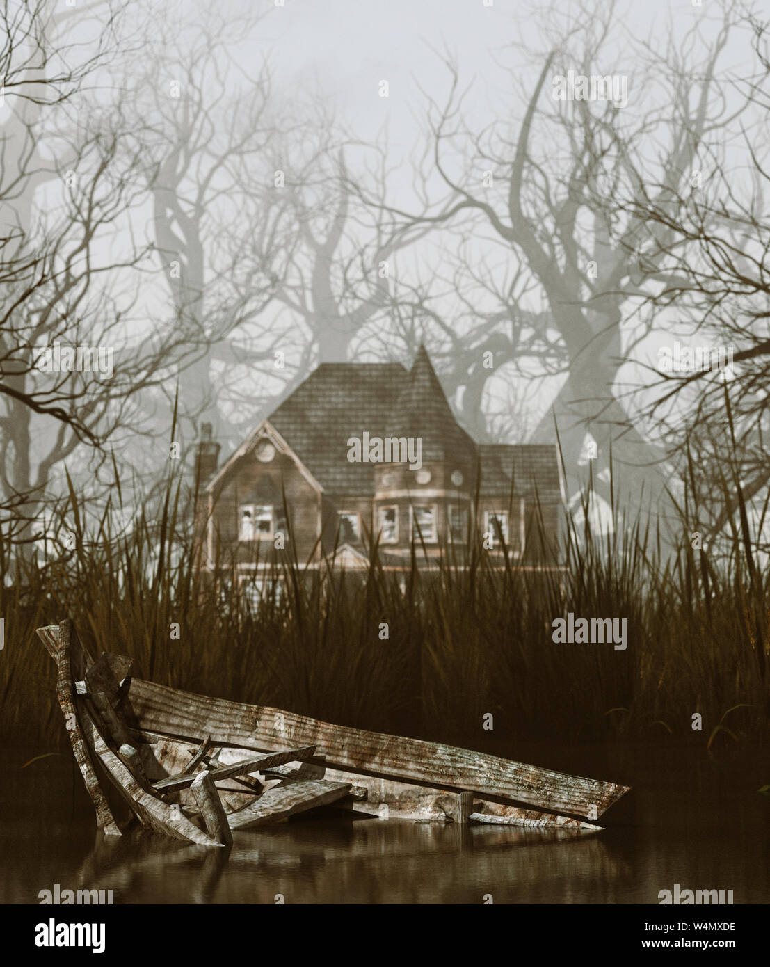 haunted house scene in creepy forest,3d illustration Stock Photo - Alamy