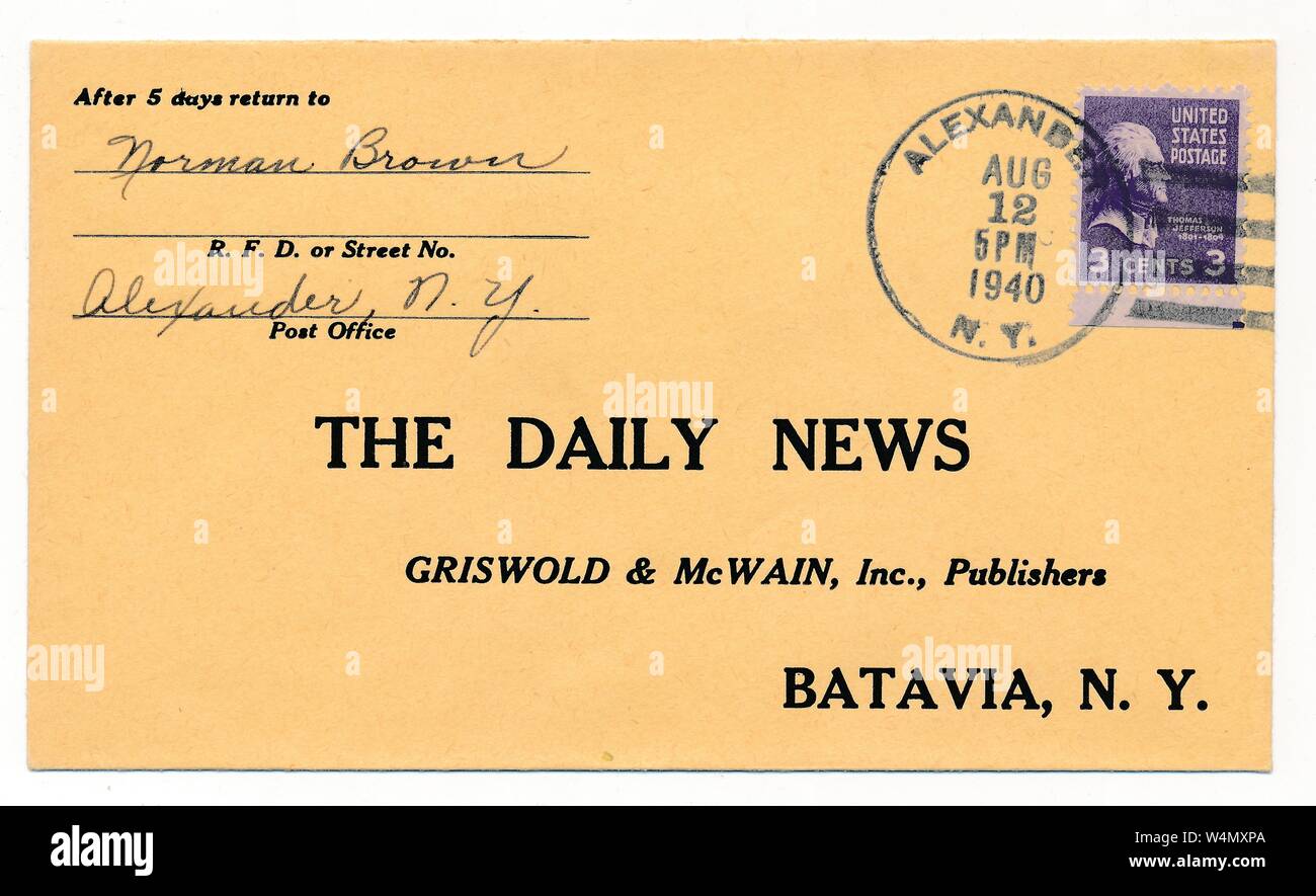 An envelope with a three-cent stamp sent from Norman Brown in Alexander New York, and addressed to 'The Daily News, Griswold and McWain, Inc, Publishers, Batavia, New York', August 12, 1940. () Stock Photo
