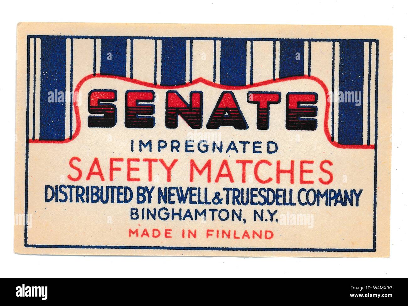 Vintage matchbox label, advertising 'Senate Impregnated Safety Matches, distributed by Newell and Truesdell Company, Binghamton, New York, ' made in Finland, 1955. () Stock Photo