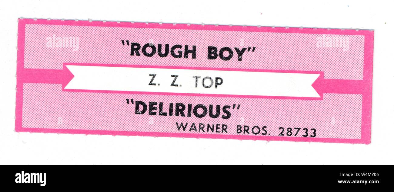 Jukebox label or title strip for the ZZ Top songs 'Rough Boy' and 'Delirious',  1985 Stock Photo - Alamy