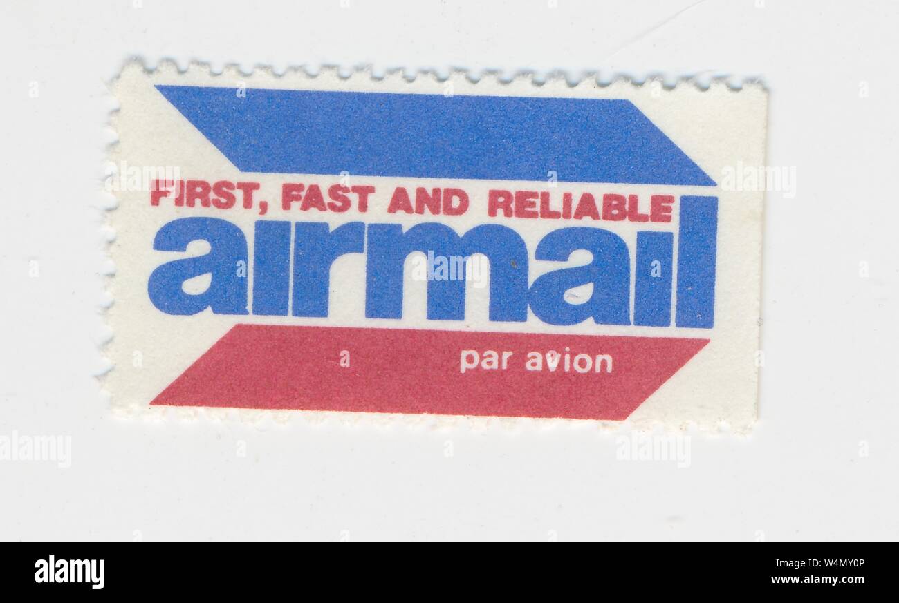 Vintage airmail postage label, with the text 'First, Fast and Reliable airmail par avion, ' manufactured in the United States, 1985. () Stock Photo