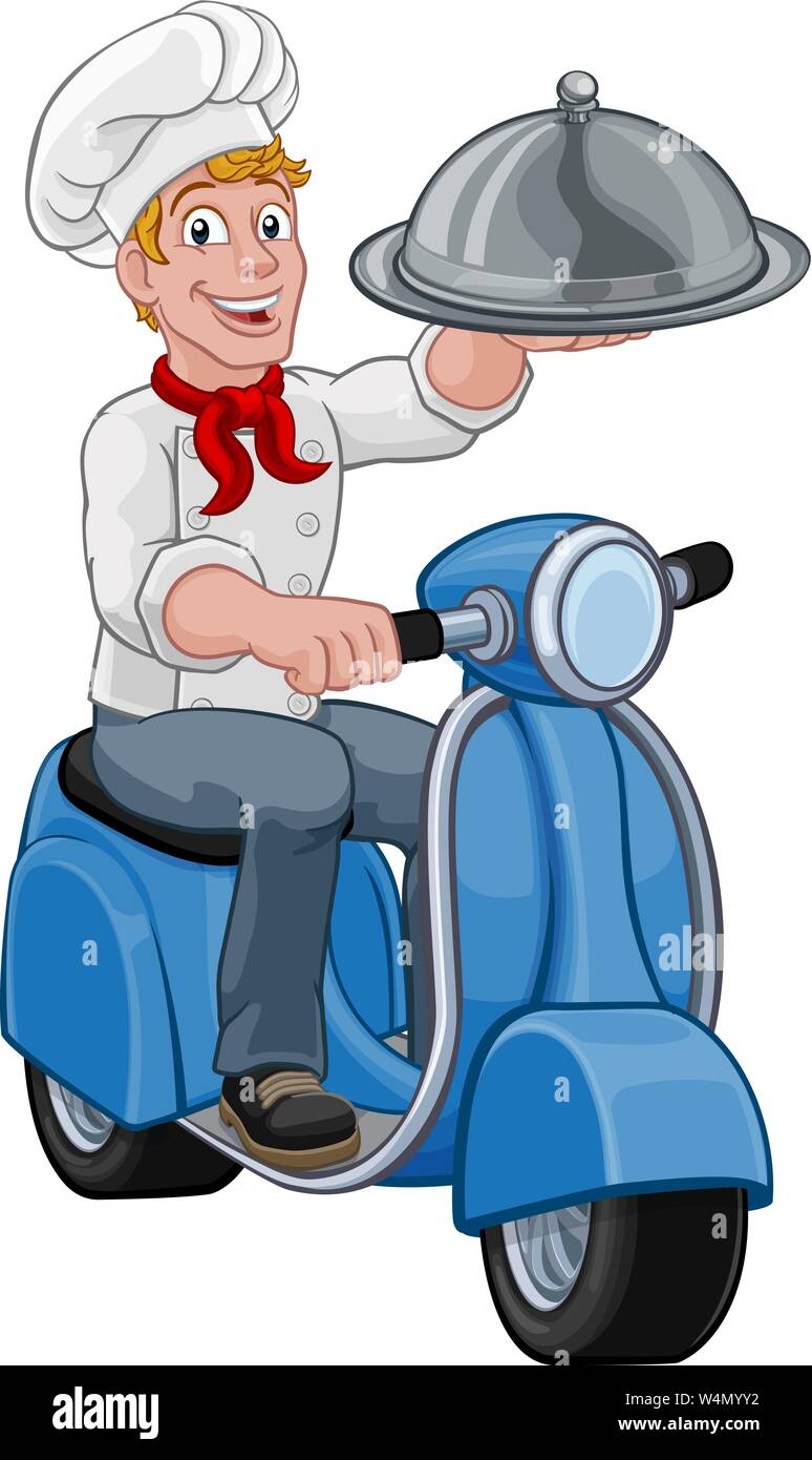 Delivery Chef Scooter Moped Cartoon Takeout Man Stock Vector