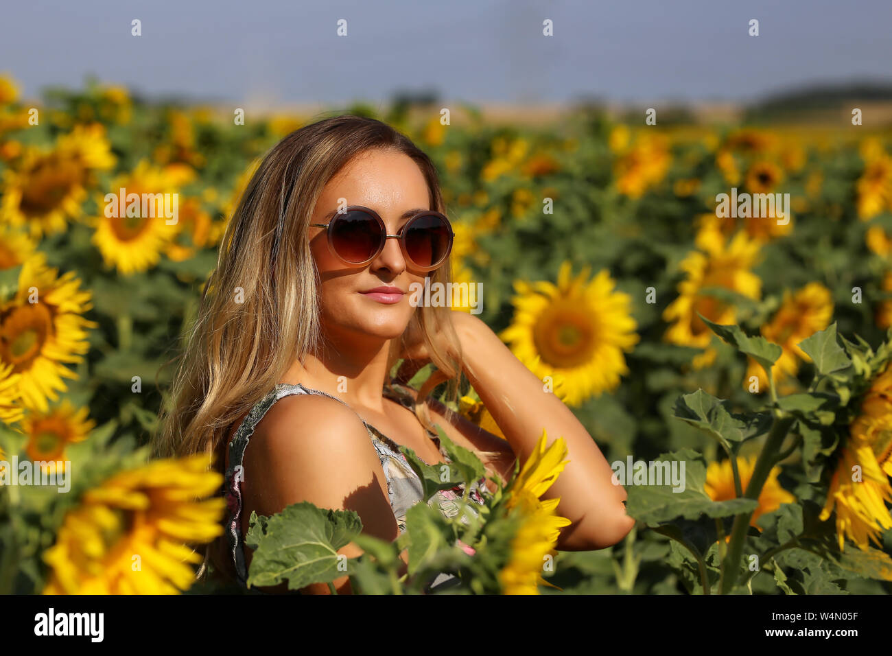 Cute girl in the field full of sunflowers Stock Photo - Alamy