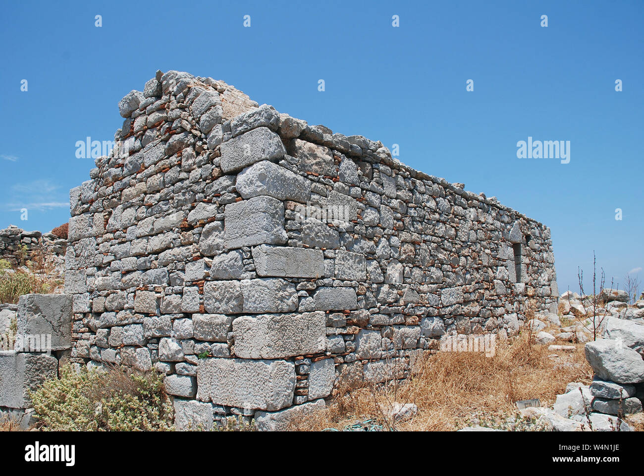 The ruins of the medieval Crusader Knights castle above Megalo Chorio on the Greek island of Tilos. Stock Photo