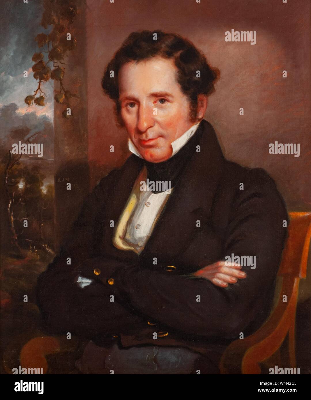 Portrait painting of Johns Hopkins, founder of the Johns Hopkins University in Baltimore Maryland, seated, with his arms crossed and a relaxed expression on his face, August 16, 2007. From the Homewood Photography Collection. () Stock Photo