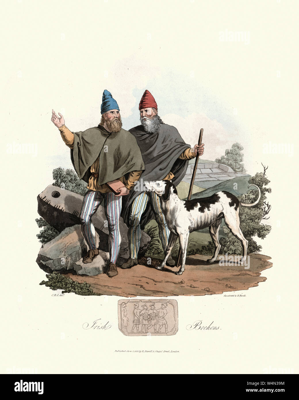Vintage engraving of Costumes of Ancient Irish Brehons. Brehon is a term for a historical arbitration, mediative and judicial role in Gaelic culture. Stock Photo