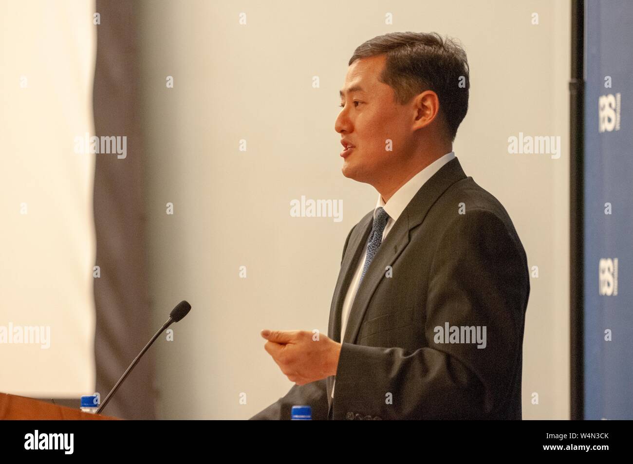 Politician John Yoo speaks during a Foreign Affairs Symposium at the Johns Hopkins University in Baltimore, Maryland, February 17, 2010. From the Homewood Photography collection. () Stock Photo