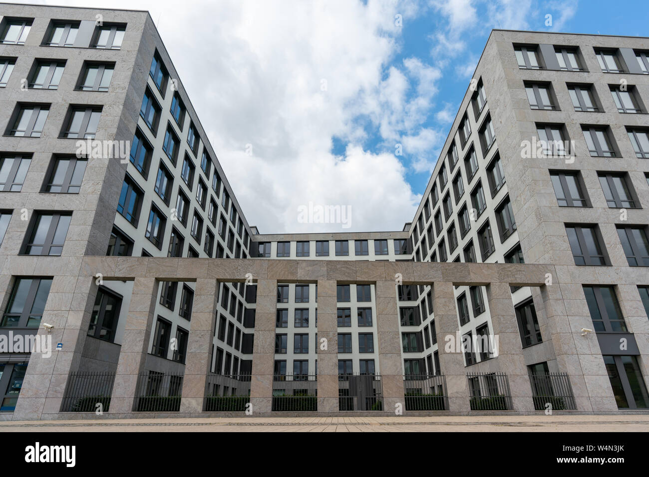 Elisabeth-Schwarzhaupt-Platz, Berlin, Germany - july 07, 2019: facade of the Nordbahnhof Carre buildings with db sign on the roof Stock Photo