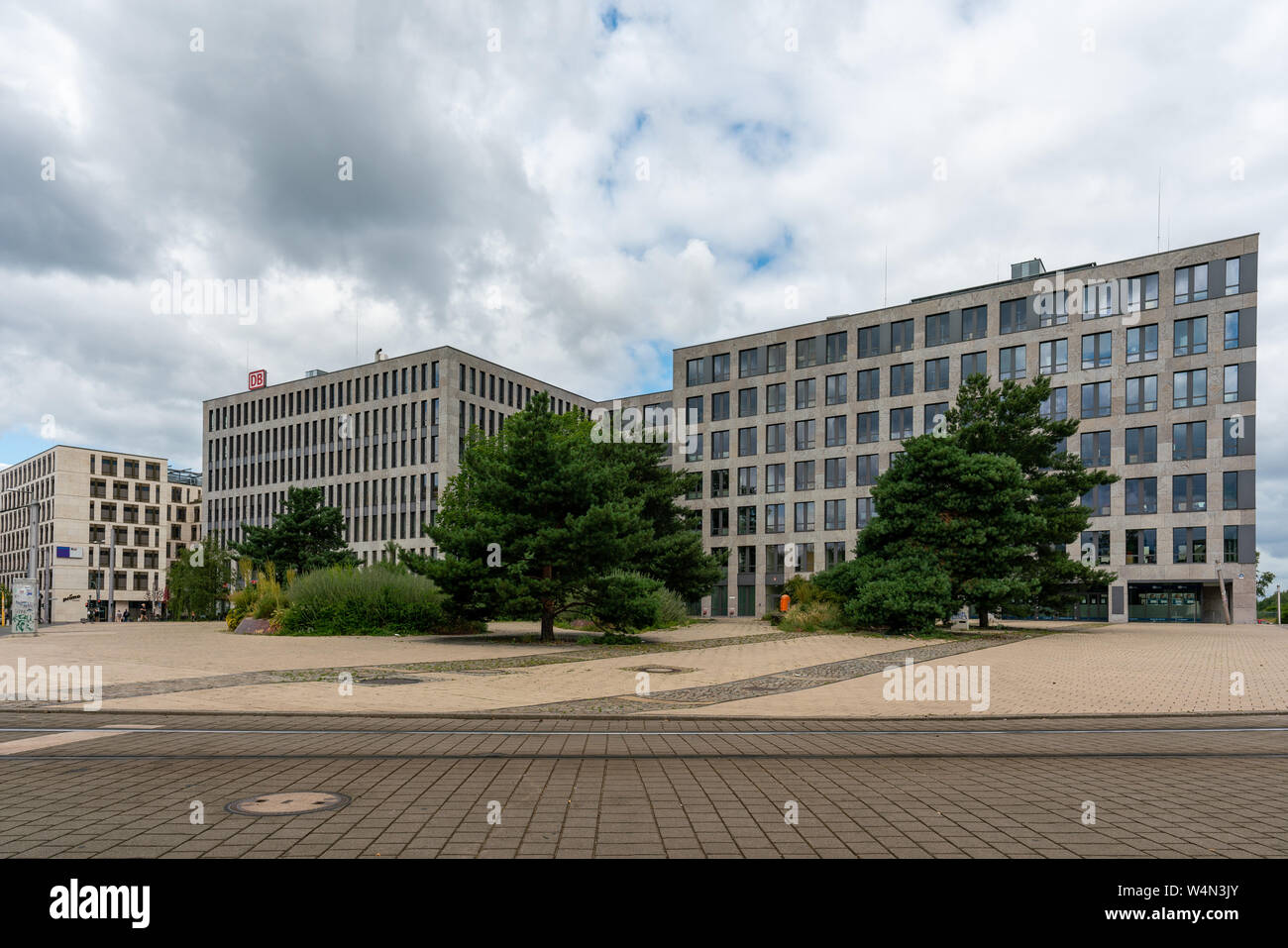Elisabeth-Schwarzhaupt-Platz, Berlin, Germany - july 07, 2019: facade of the Nordbahnhof Carre buildings with db sign on the roof Stock Photo