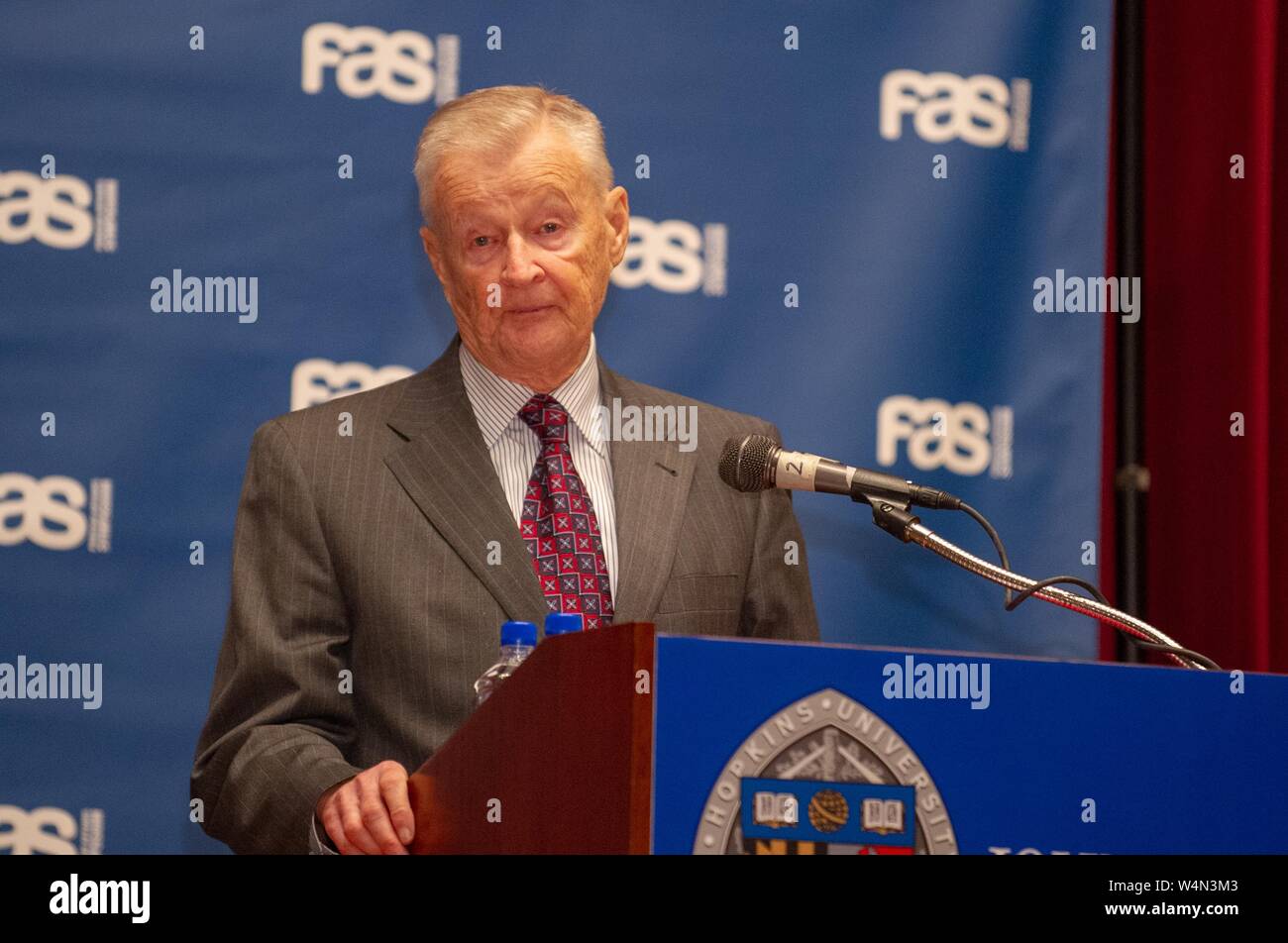 Political scientist Zbigniew Brzezinski (1928 - 2017) speaks during a Foreign Affairs Symposium at the Johns Hopkins University in Baltimore, Maryland, February 23, 2010. From the Homewood Photography collection. () Stock Photo