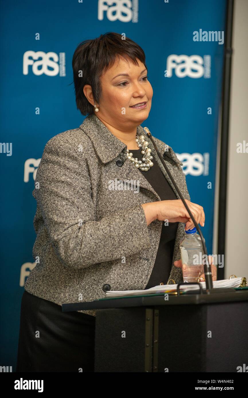 Three-quarter profile shot of Lisa Jackson, a chemical engineer and former Environmental Protection Agency (EPA) administrator, participating in a Foreign Affairs Symposium at the Johns Hopkins University, Baltimore, Maryland, March 10, 2010. From the Homewood Photography Collection. () Stock Photo