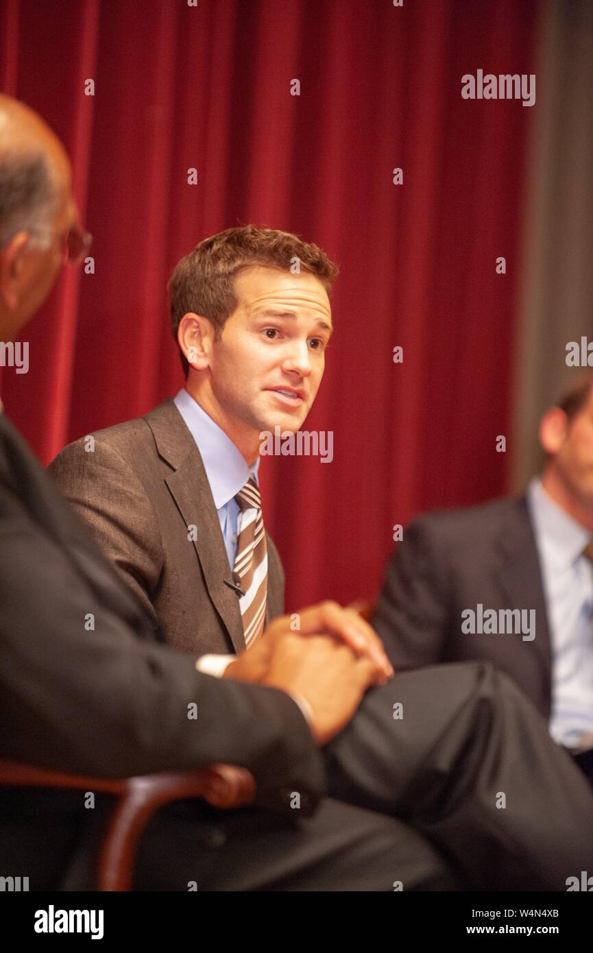 Former politicians Michael Steele and Aaron Schock, participating in a Foreign Affairs Symposium at the Johns Hopkins University, Baltimore, Maryland, November 5, 2009. From the Homewood Photography Collection. () Stock Photo