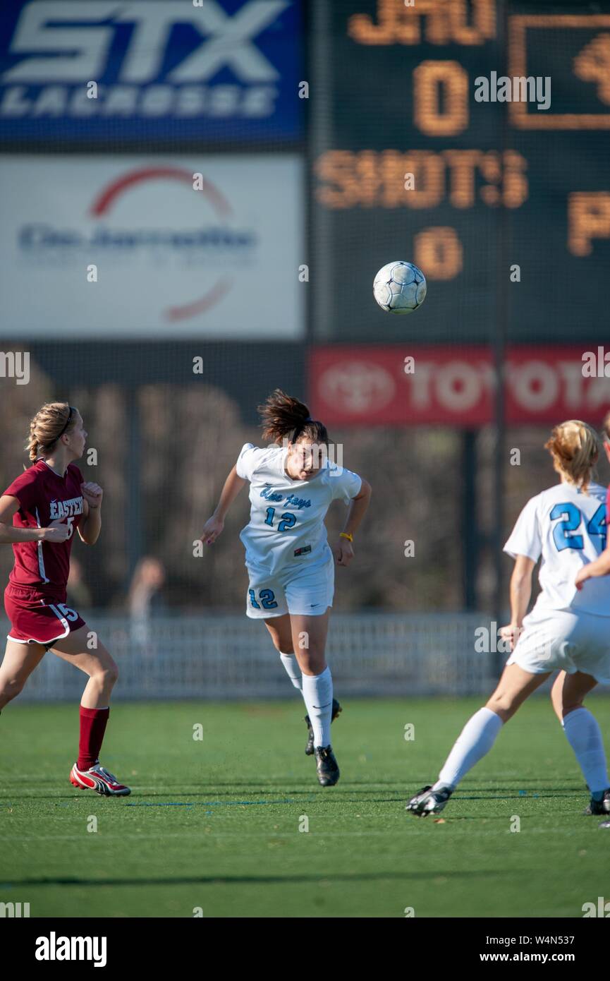 Johns Hopkins Blue Jays Women's Soccer player Natalie Held, facing the camera in full length view, participating in the NCAA Tournament at the Johns Hopkins University, Baltimore, Maryland, November 15, 2009. From the Homewood Photography Collection. () Stock Photo