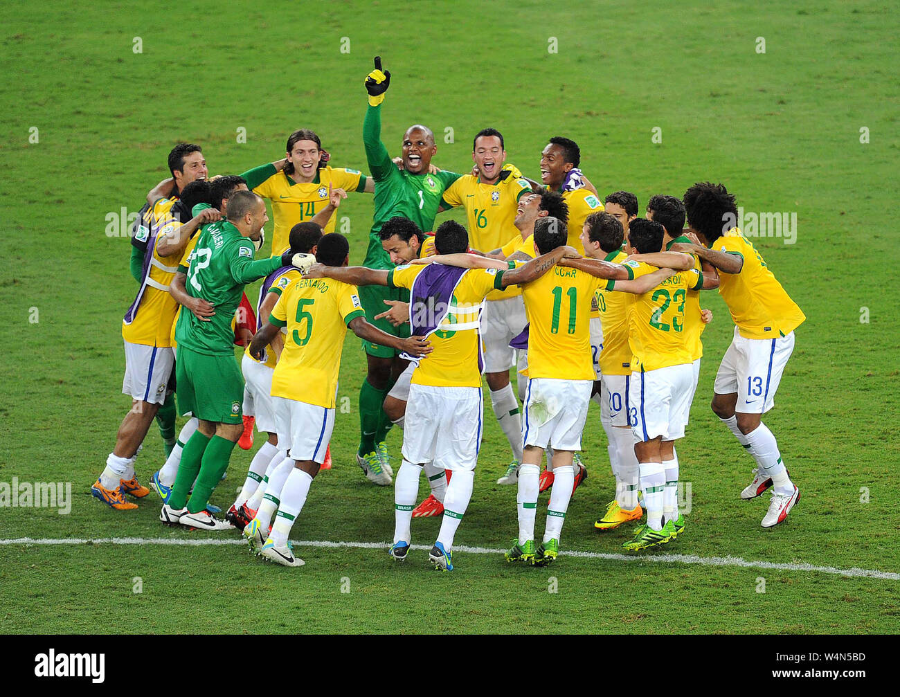 Brazilian team celebrating the victory and achievement of the Confederations Cup in the match between Brazil and Spain in the final of the Confederati Stock Photo