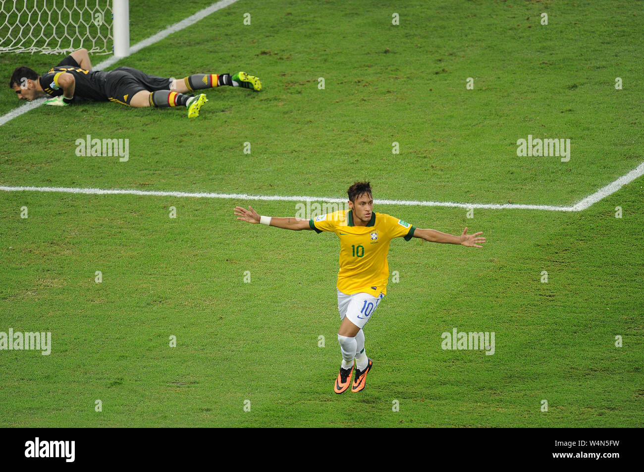 Brazilian soccer player Neymar, celebrating his goal in the match Brazil vs. Spain in the final of the Confederations Cup 2013, in Etadio do Maracana Stock Photo