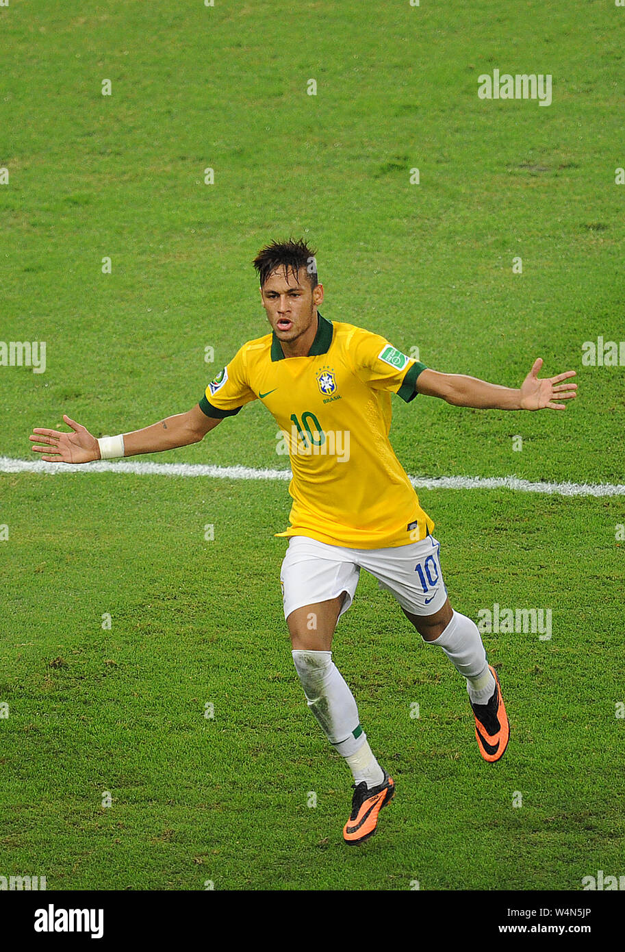 Brazilian soccer player Neymar, celebrating his goal in the match Brazil vs. Spain in the final of the Confederations Cup 2013, in Etadio do Maracana Stock Photo
