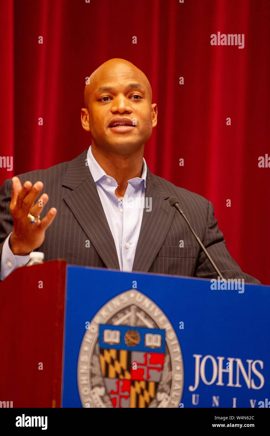 Close-up of Wes Moore, author and social entrepreneur, speaking from a podium during a Milton S Eisenhower Symposium at the Johns Hopkins University, Baltimore, Maryland, September 29, 2010. From the Homewood Photography Collection. () Stock Photo