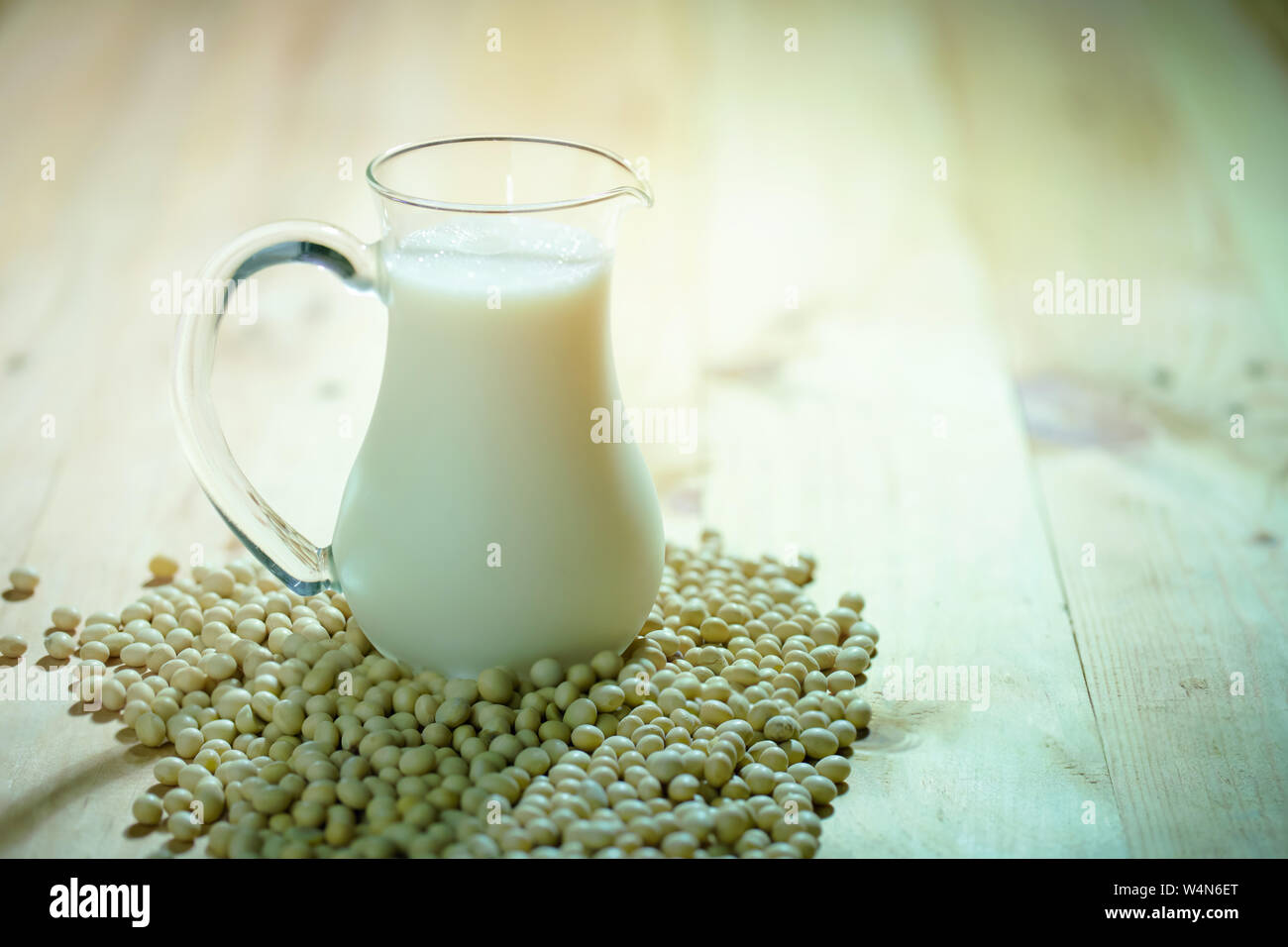 soy bean and soy milk on wood background Stock Photo
