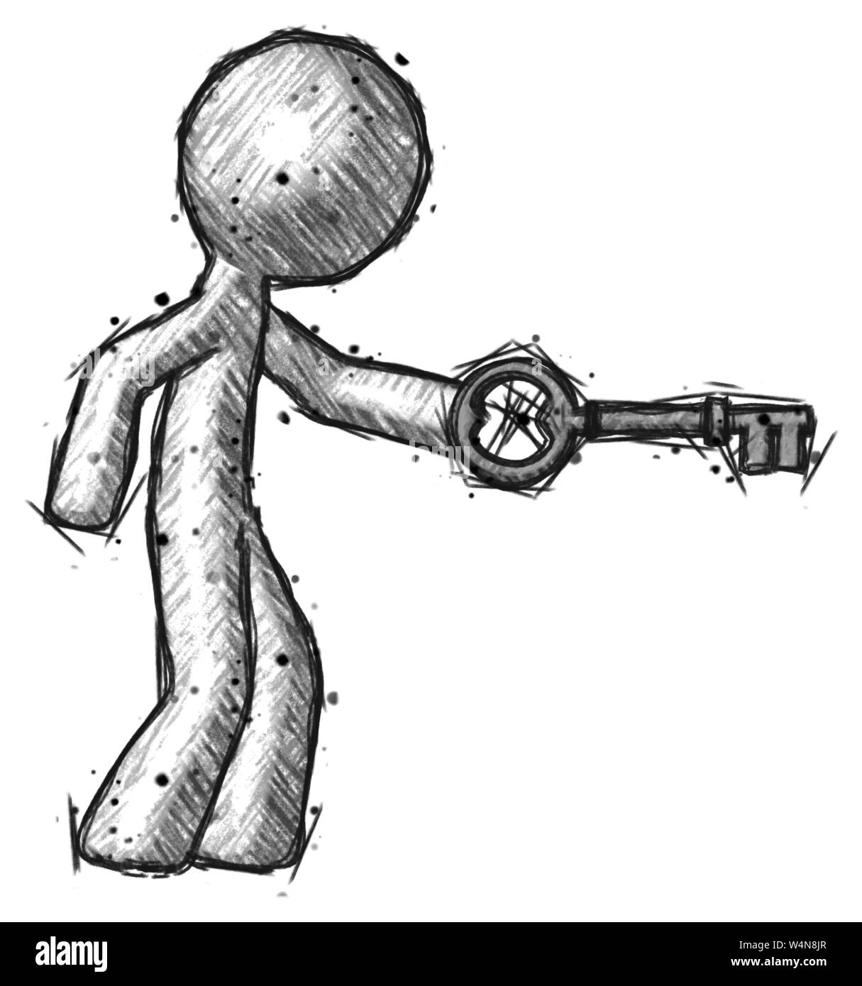 Sketch design mascot man with big key of gold opening something Stock