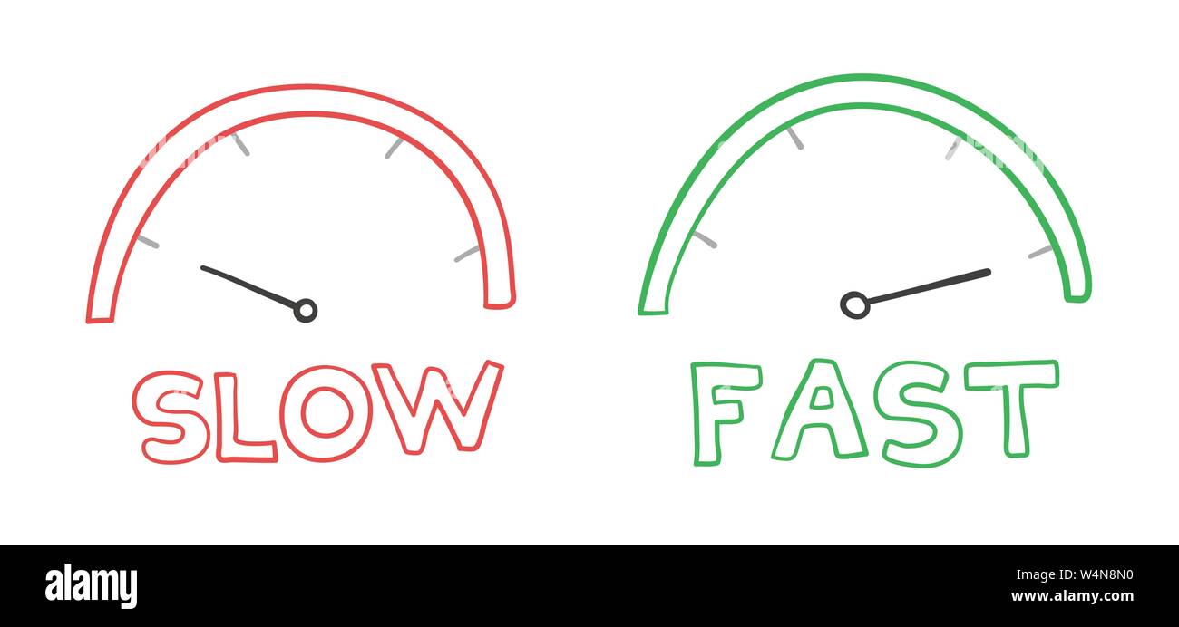 Vector hand-drawn illustration of speedometers. Slow and fast. Colored ...