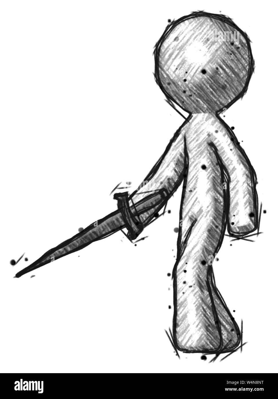 Sketch design mascot man with sword walking confidently. Stock Photo