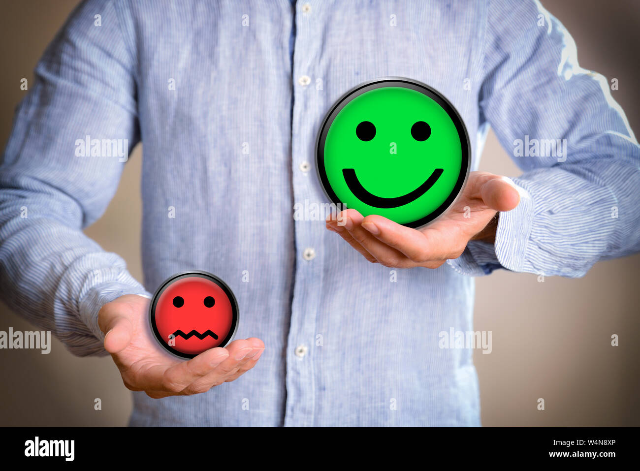 Concept of person valuing positively with colorful emoticon illustrations. Horizontal composition. Front view. Stock Photo