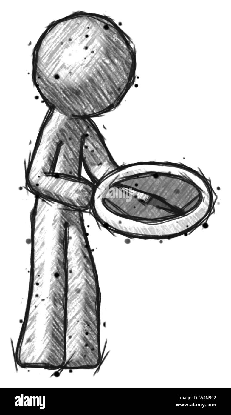 Sketch design mascot man looking at large compass facing right. Stock Photo