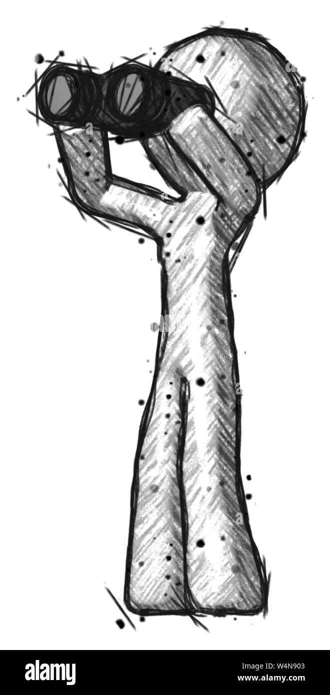 Sketch design mascot man looking through binoculars to the left Stock