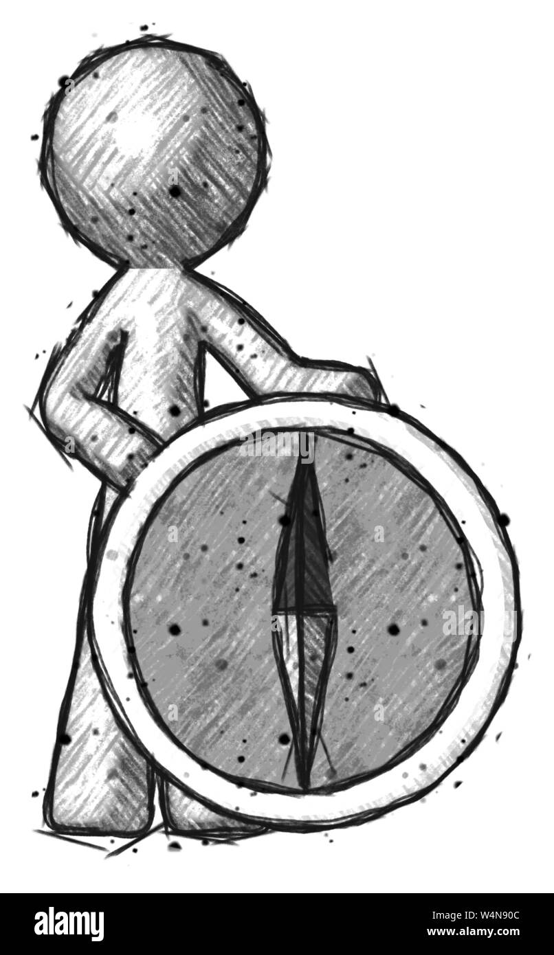 Sketch design mascot man standing beside large compass. Stock Photo