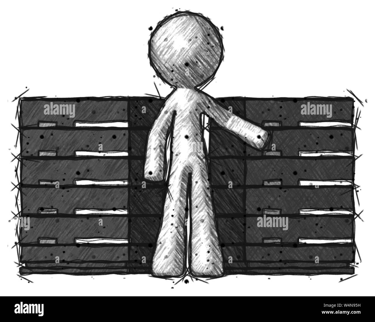 Sketch design mascot man with server racks, in front of two networked systems. Stock Photo