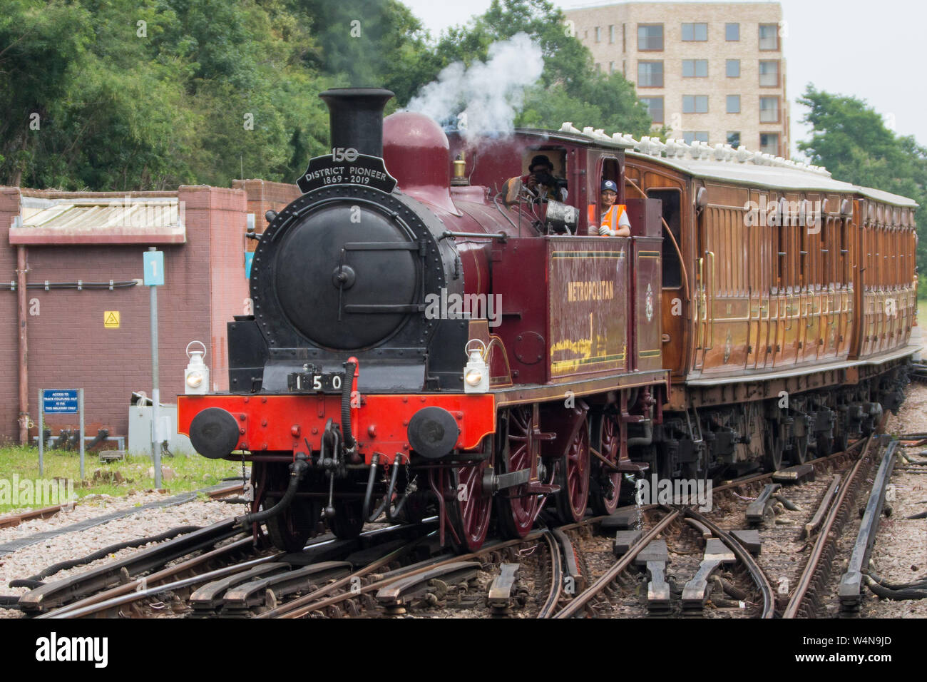 Marking the 150th anniversary of the District line, a steam train runs along parts of the London Underground. This will be the last time steam trains are expected to travel into central London on the Underground network, due to signalling modernisation.  Featuring: Atmosphere, View, District Line Where: London, United Kingdom When: 23 Jun 2019 Credit: Wheatley/WENN Stock Photo