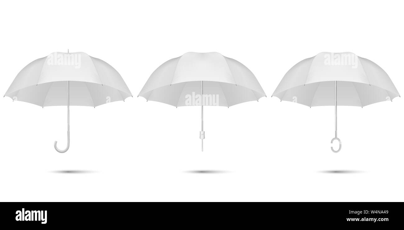 Vector 3d Realistic Render White Blank Umbrella Icon Set Closeup Isolated on White Background. Design Template of Opened Parasols for Mock-up Stock Vector