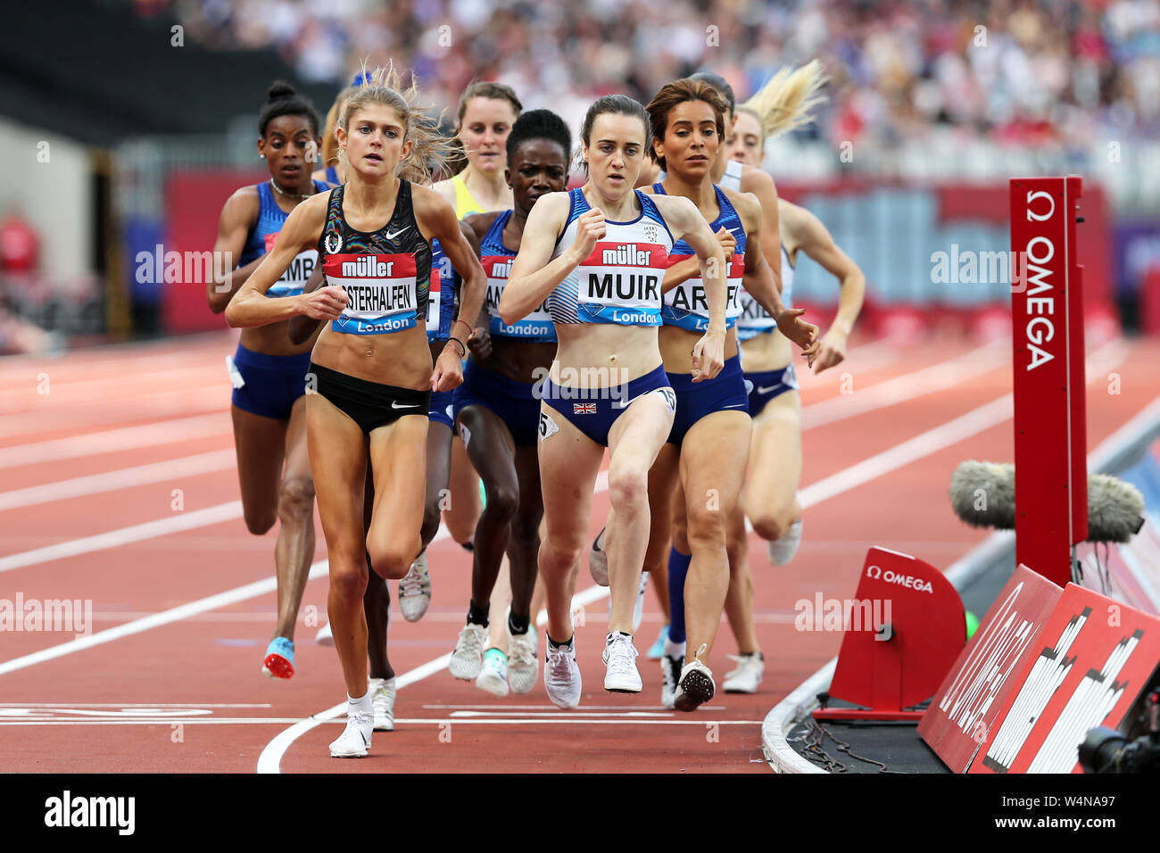 Konstanze KLOSTERHALFEN (Germany), Laura MUIR (Great Britain) competing in the Women's 1500m Final at the 2019, IAAF Diamond League, Anniversary Games, Queen Elizabeth Olympic Park, Stratford, London, UK. Stock Photo