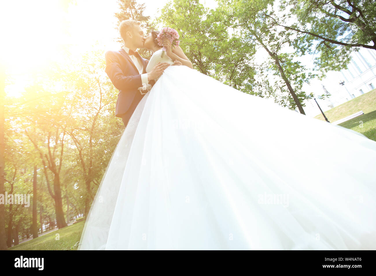 bottom view.the bride and groom kissing in the Park Stock Photo - Alamy