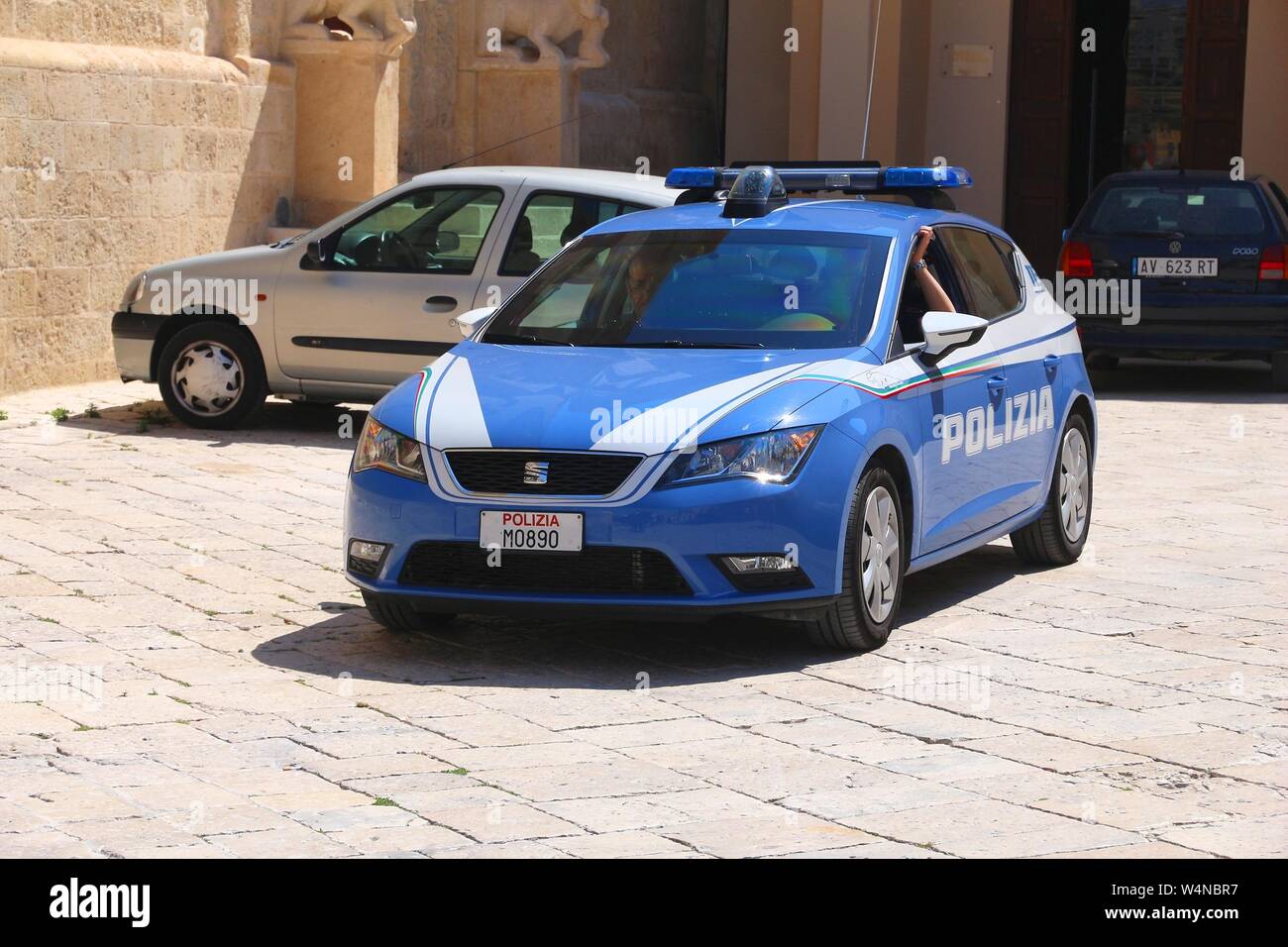 MATERA, ITALY - JUNE 4, 2017: Police car in Matera, Italy. The car is Seat Ibiza. Stock Photo