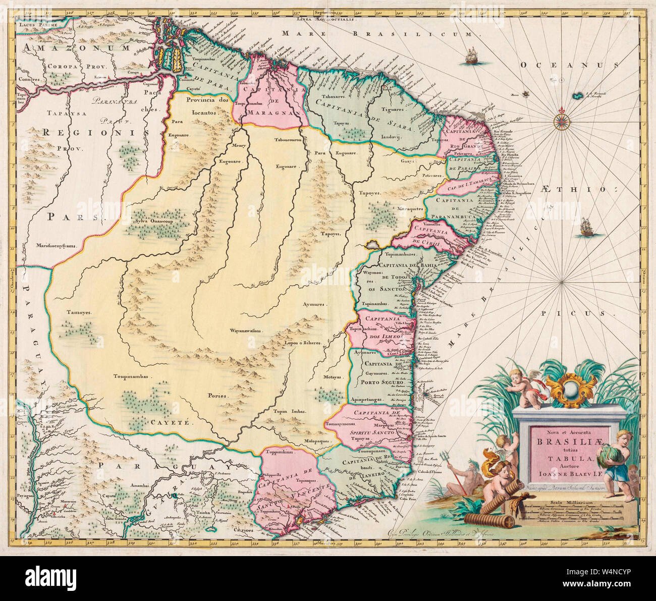 Map of Brazil, by Dutch cartographer Johannes Willemszoon Blaeu, published in Amsterdam 1662 by Pieter Schenk. Stock Photo