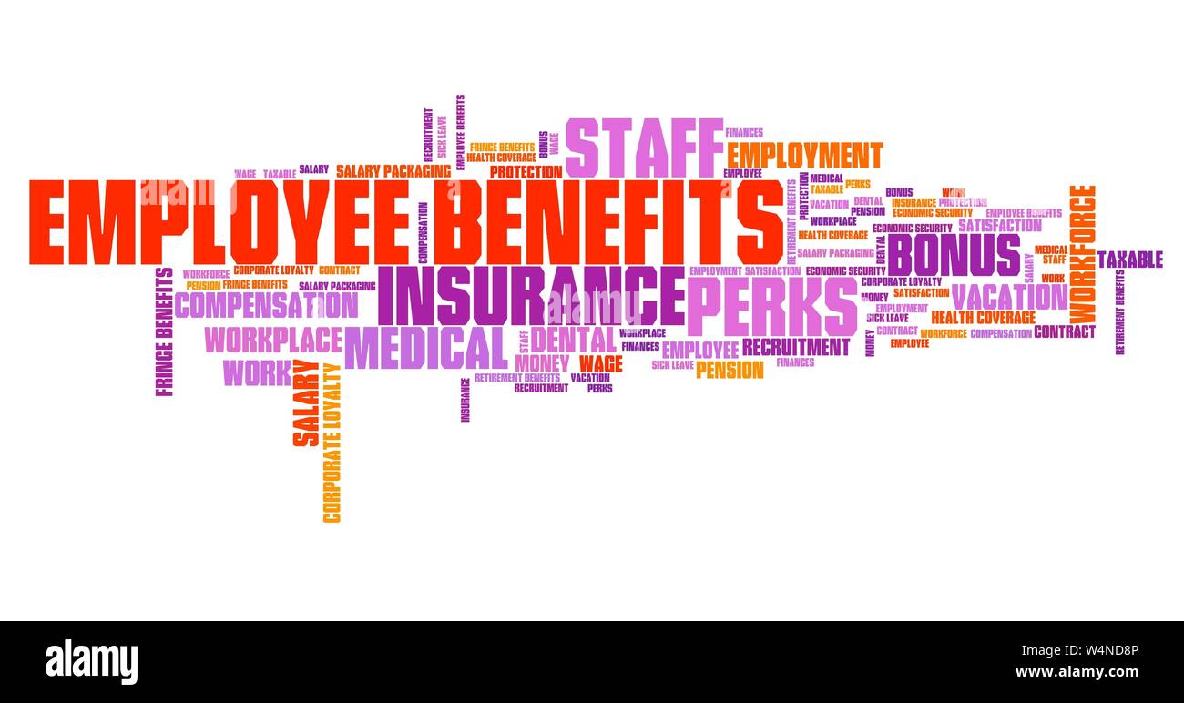 Employee benefits work place perks. Corporate loyalty word cloud