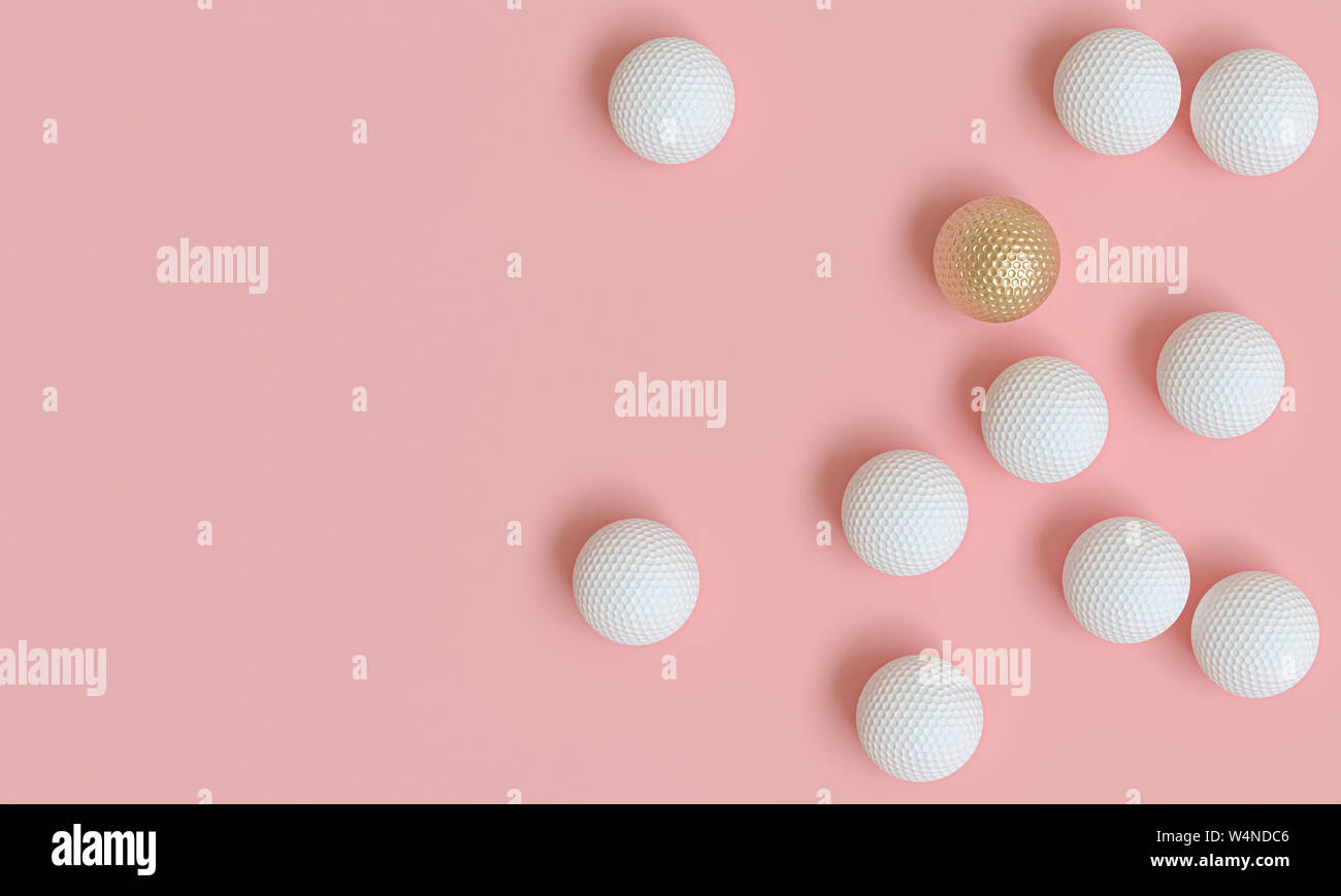 gold golf ball among many white, 3d image render in flat lay style. Concept of success and uniqueness. Stock Photo