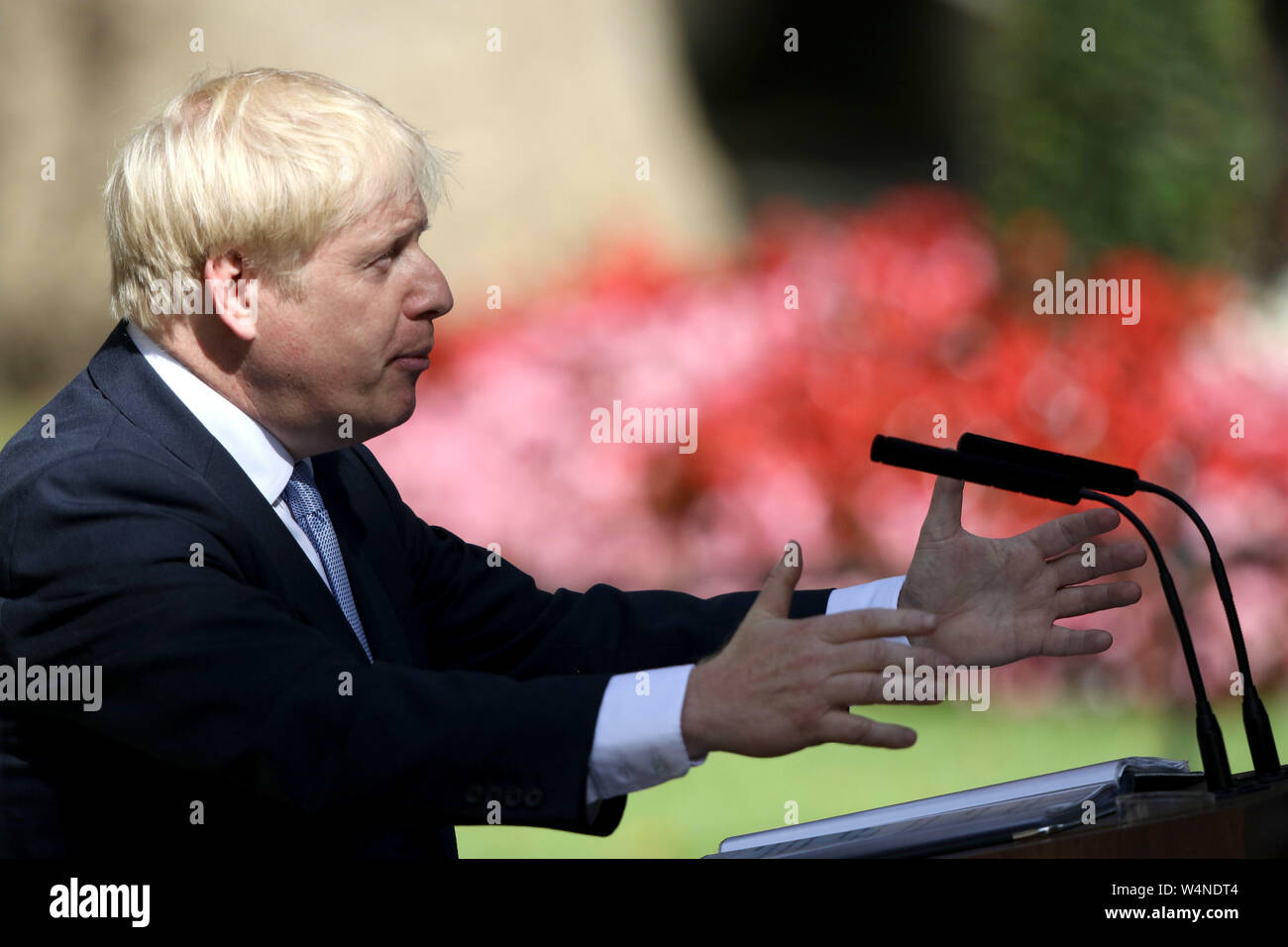 London, UK. 24th July 2019. The new British Prime Minister Boris Johnson, delivers a speech in Downing Street after going to Queen Elizabeth II, who asked him to form a new government after Theresa May stepped down as Prime Minister. Johnson is pictured as he takes over as the new Prime Minister at Number 10 Downing Street, London, on July 24, 2019 Credit: Paul Marriott/Alamy Live News Stock Photo