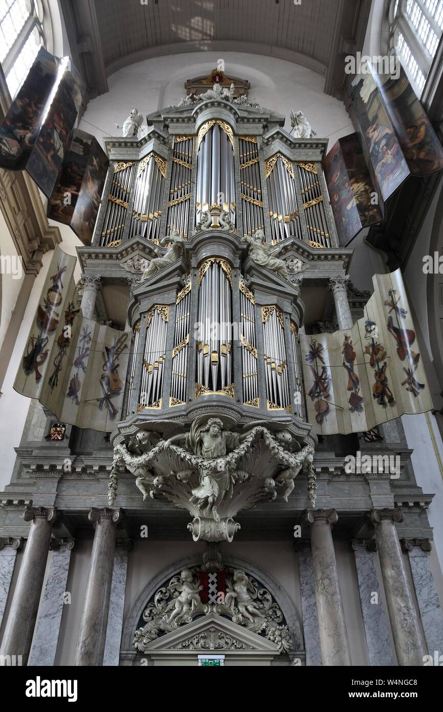 AMSTERDAM, NETHERLANDS - JULY 7, 2017: Church organ at Westerkerk church in Amsterdam, Netherlands. Westerkerk was completed in 1631. It is located in Stock Photo