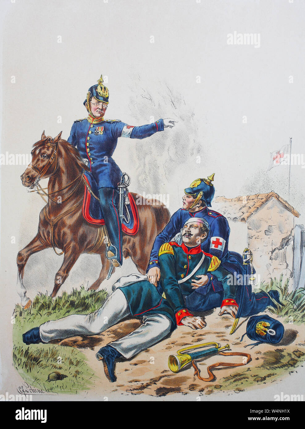Royal Prussian Army, Guards Corps, Preußens Heer, preussische Garde, Sanitäter, Bataillons Arzt, Lazarettgehilfe, Digital improved reproduction of an illustration from the 19th century Stock Photo