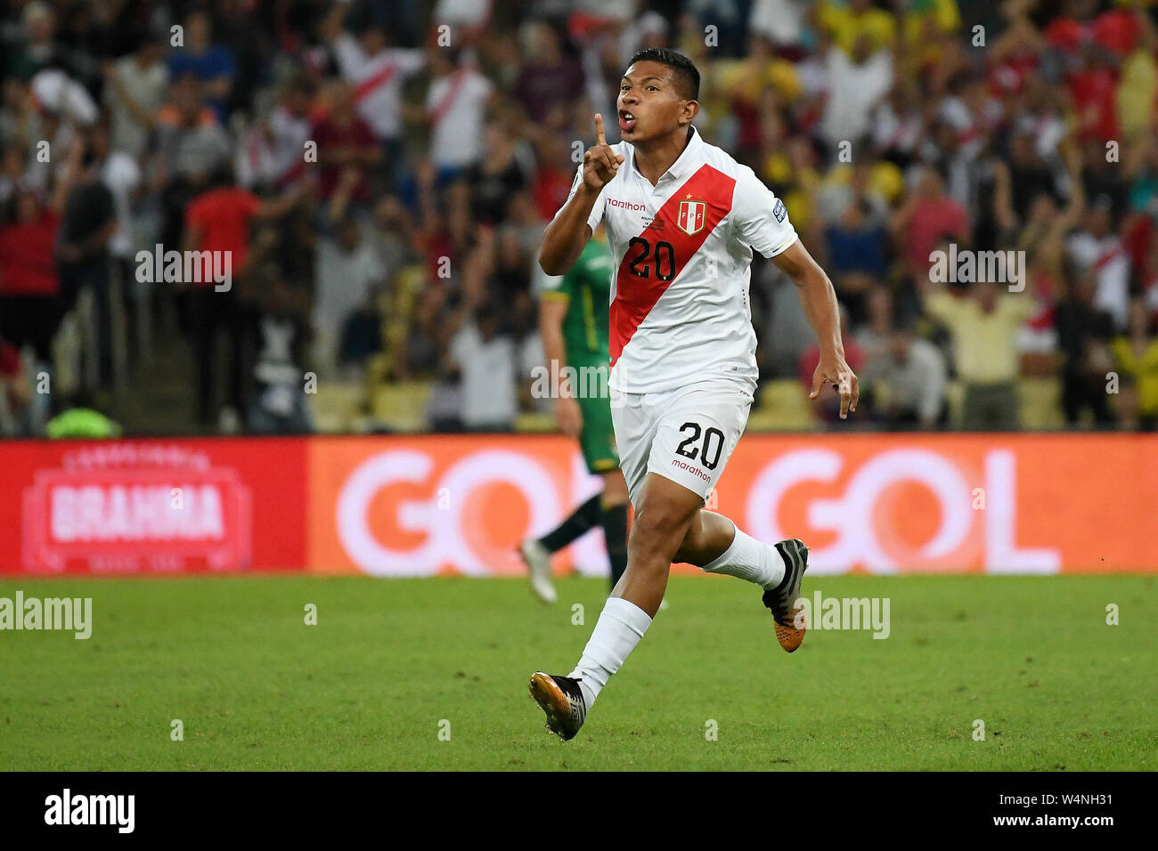 Rio de Janeiro, Brazil, June 18, 2019. Soccer player Flores Peralta of the soccer team Peru celebrates its goldurante the match Bolívia x Peru by Copa Stock Photo